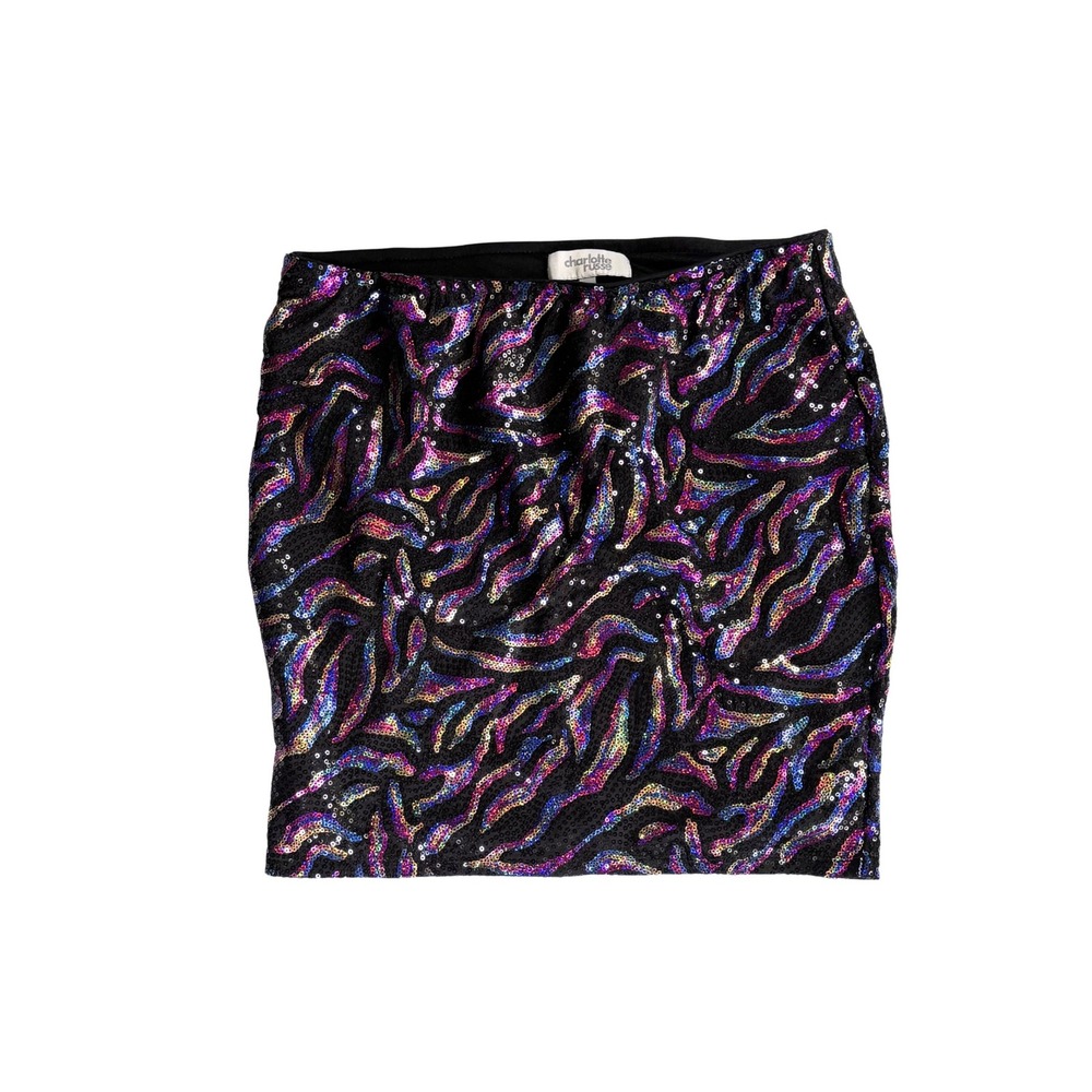 Charlotte Russe Y2K Sequin Mini Skirt Black Multicolor Zebra Stripe Party Size M